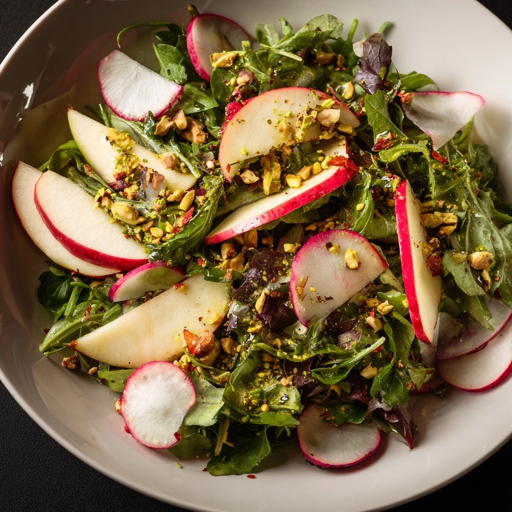 Apple Radish and Watercress Salad with Pistachio Chile de Árbol Dressing Recipe - Recipe Image