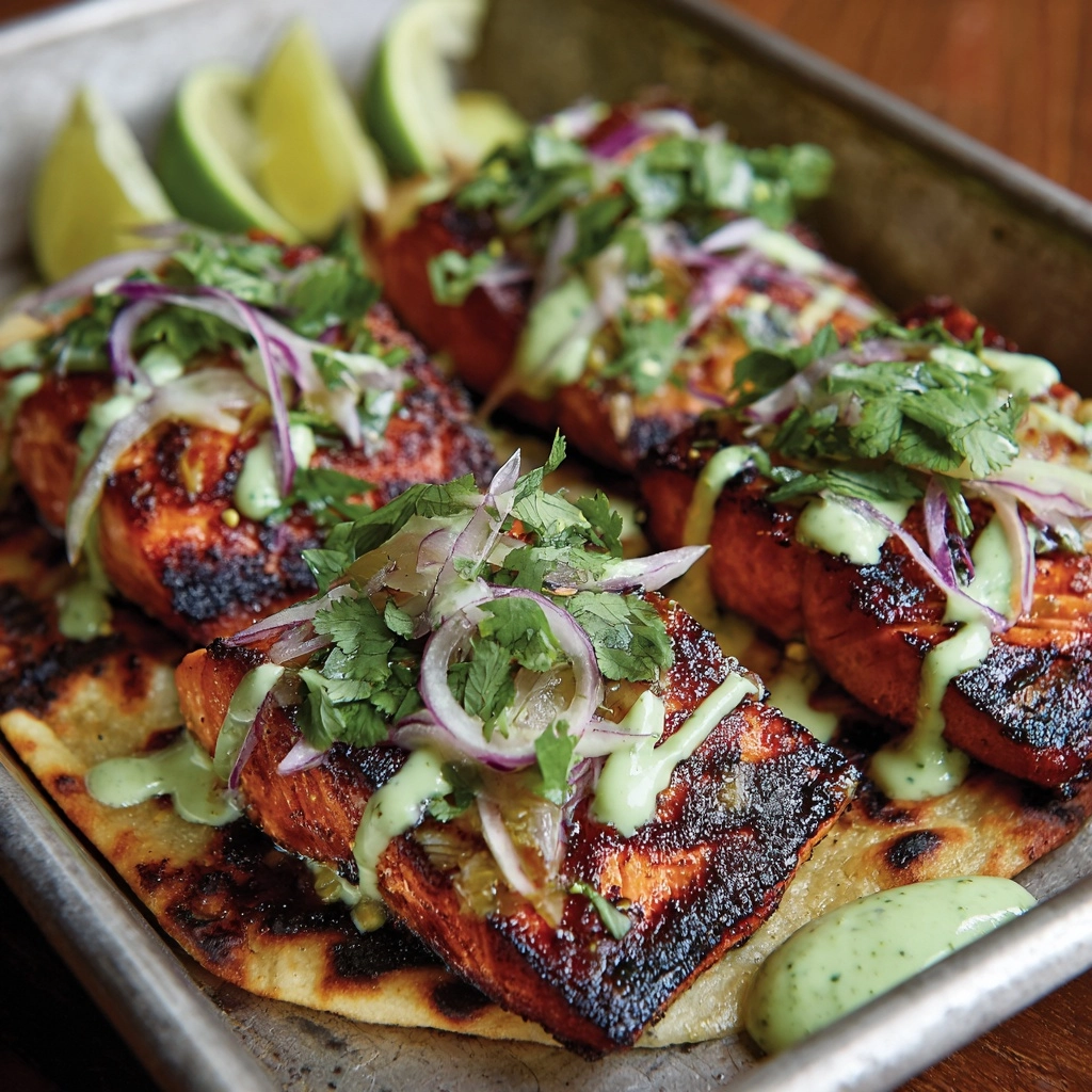 Blackened Salmon with Grilled Naan and Lime Slaw Recipe - Recipe Image