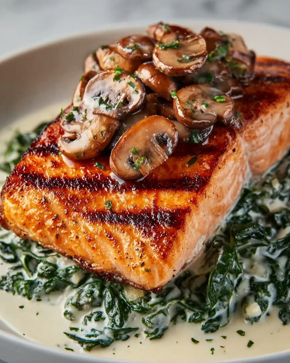 Garlic Butter Salmon with Spinach & Mushrooms in Creamy Sauce Recipe - Recipe Image