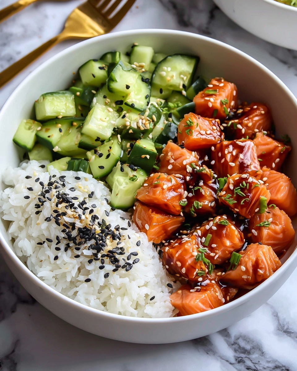 Teriyaki Salmon Bites with Avocado Cucumber Salad and Spicy Sriracha Mayo Recipe - Recipe Image