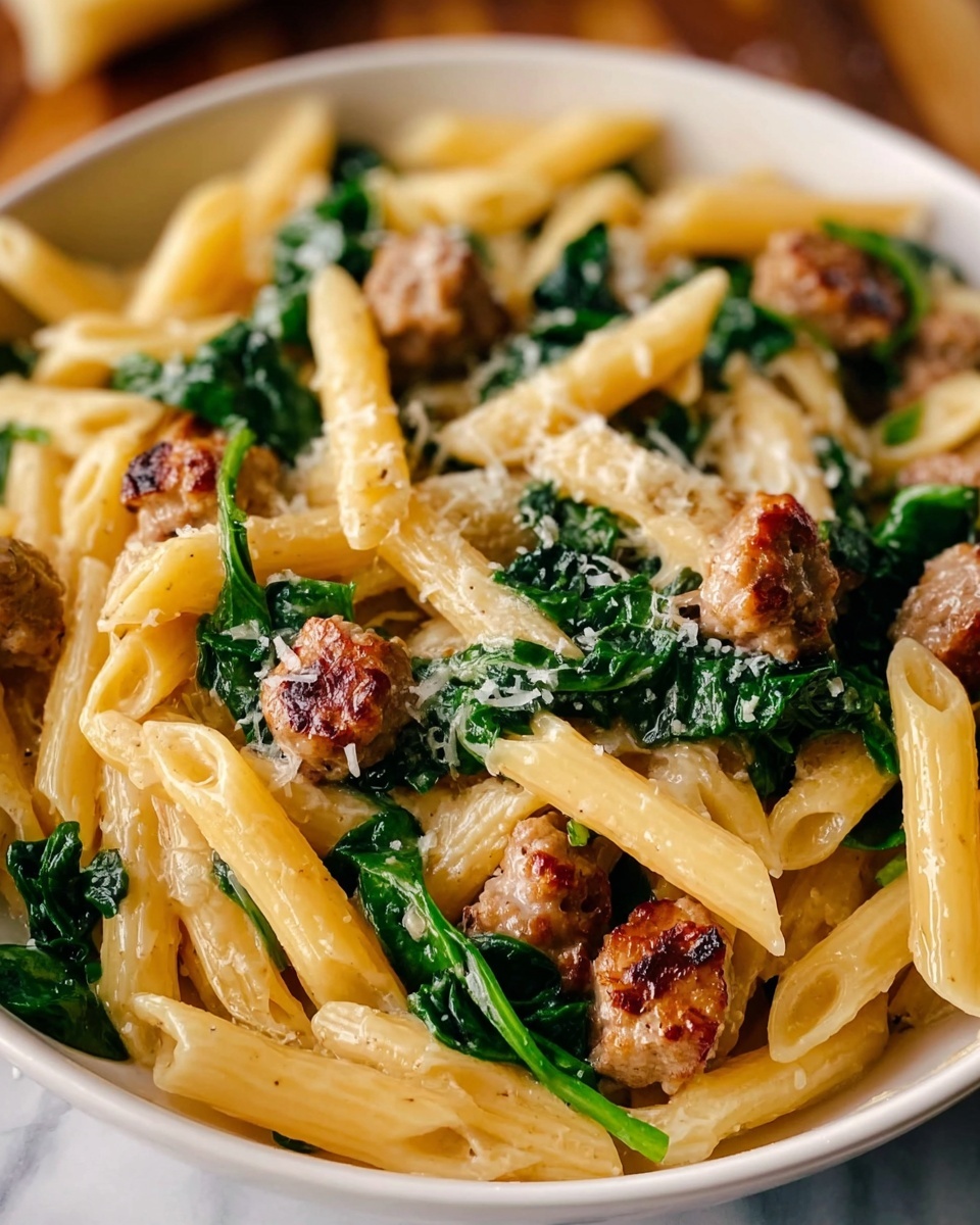 One-Pan Creamy Penne with Spinach and Italian Sausage Recipe - Recipe Image