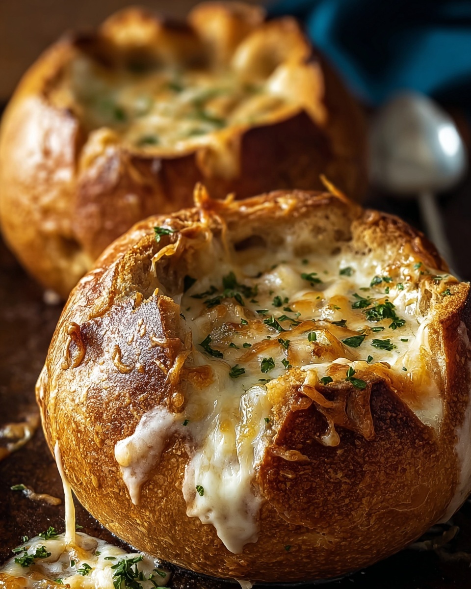 Creamy French Onion Soup Baked in Bread Bowls Recipe - Recipe Image