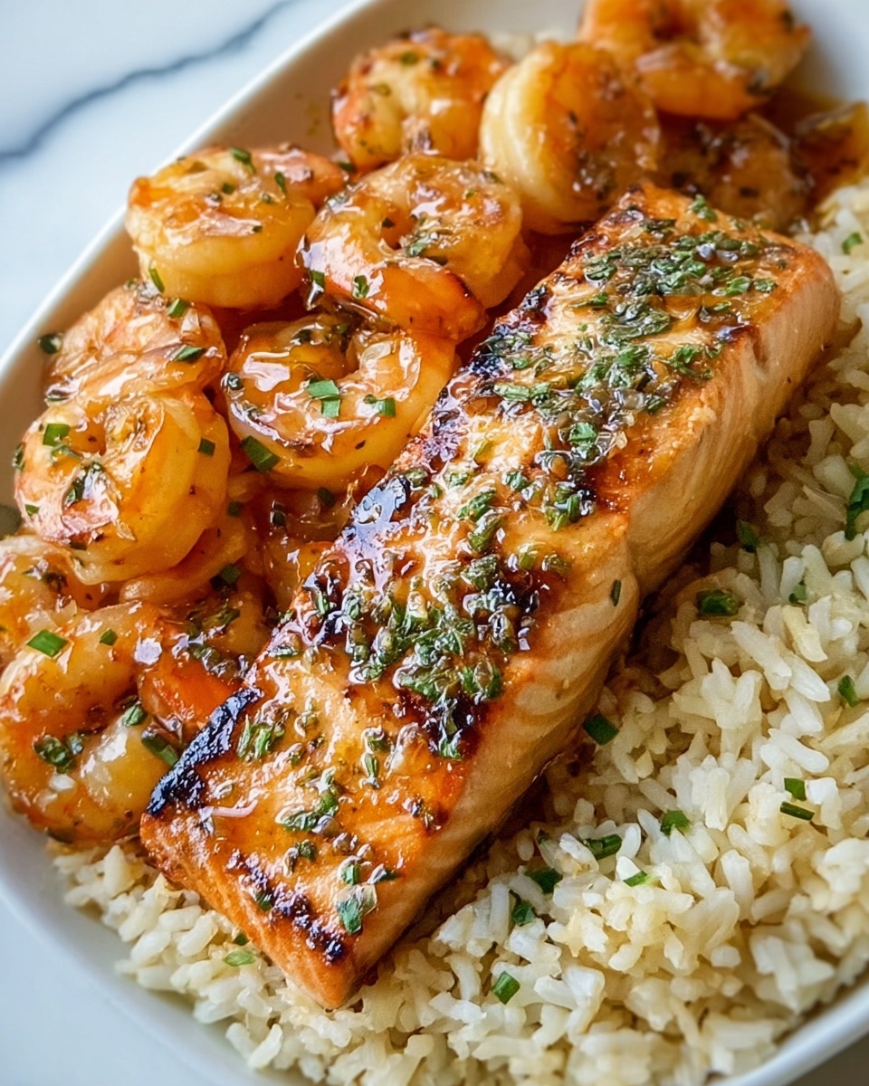 Honey Garlic Salmon & Shrimp over Garlic Butter Rice Recipe - Recipe Image