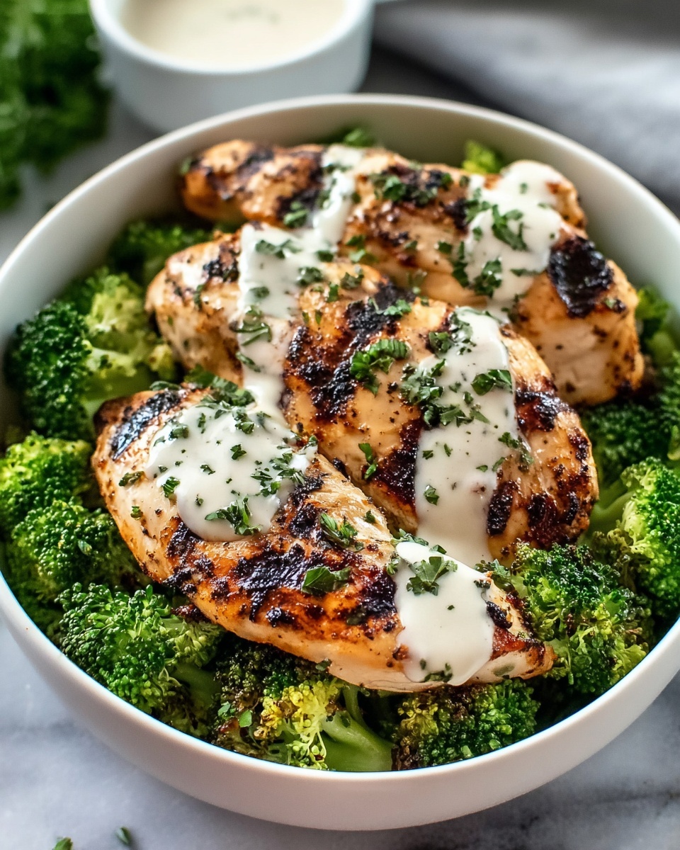 Grilled Chicken & Broccoli Bowls with Creamy Garlic Sauce Recipe - Recipe Image