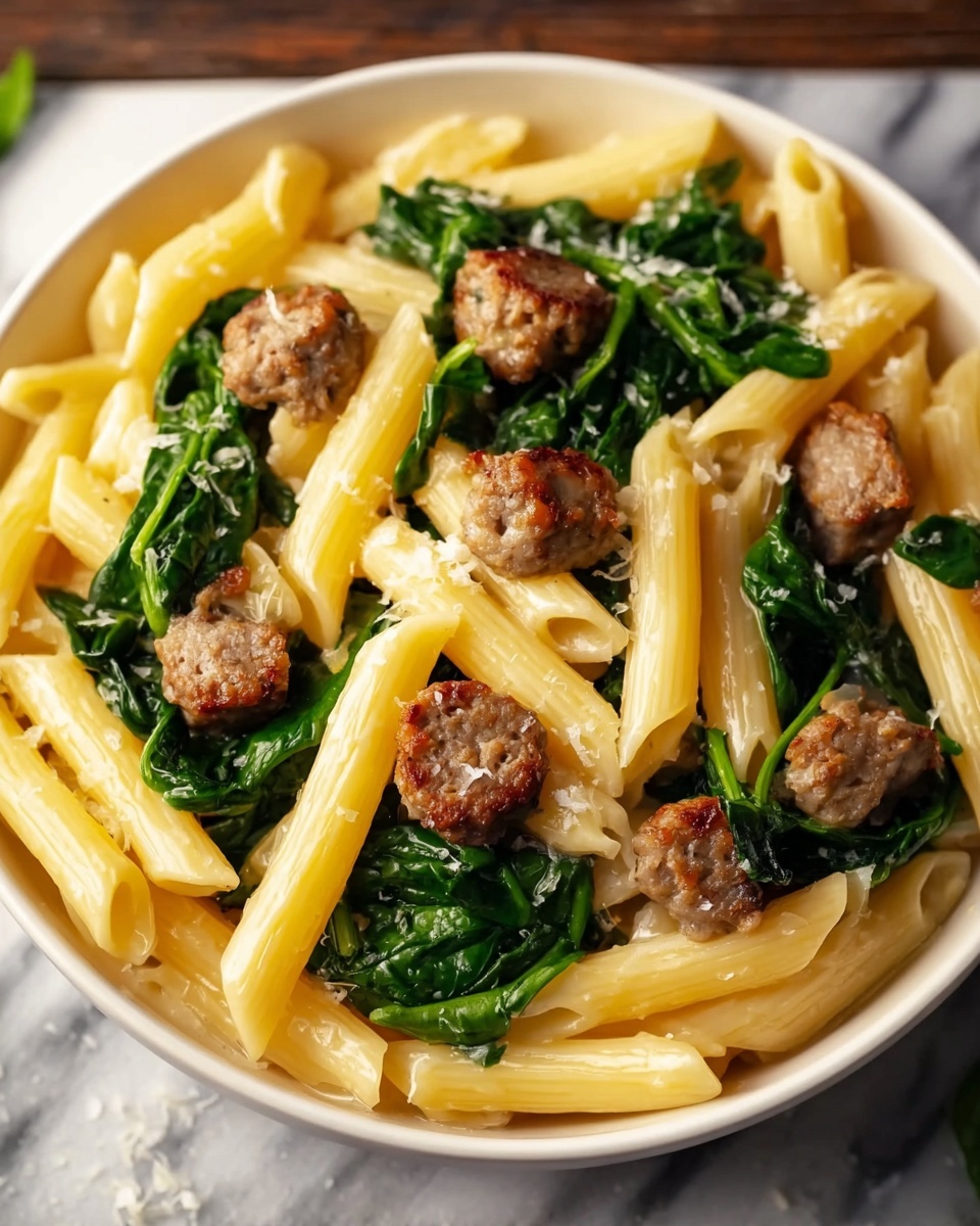 One-Pan Creamy Penne with Spinach and Italian Sausage Recipe - Recipe Image