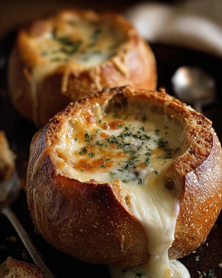 Creamy French Onion Soup Baked in Bread Bowls Recipe