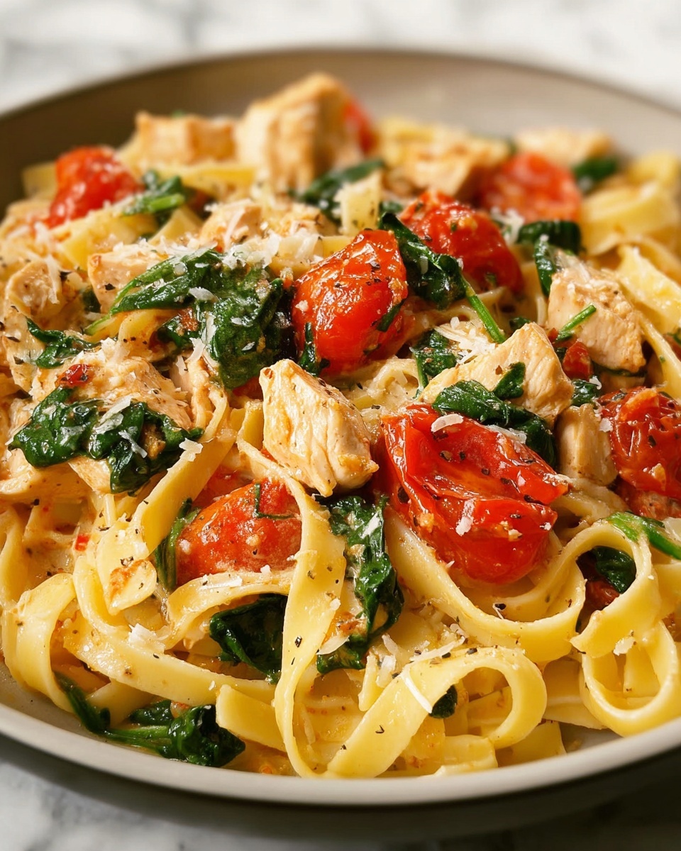 Creamy Garlic Tomato Chicken and Spinach Fettuccine Recipe - Recipe Image