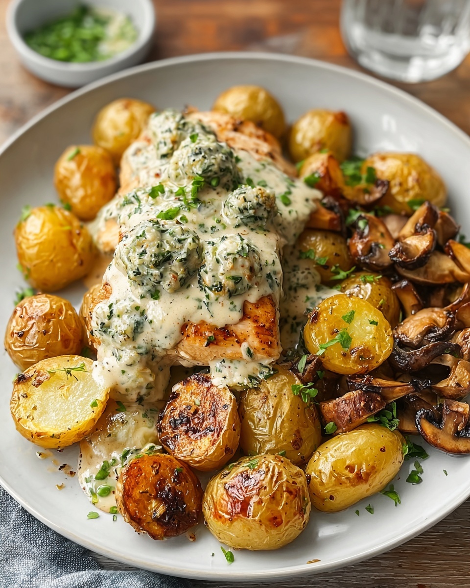 Creamy Garlic Mushroom Chicken Alfredo with Basil Pesto Potatoes Recipe - Recipe Image