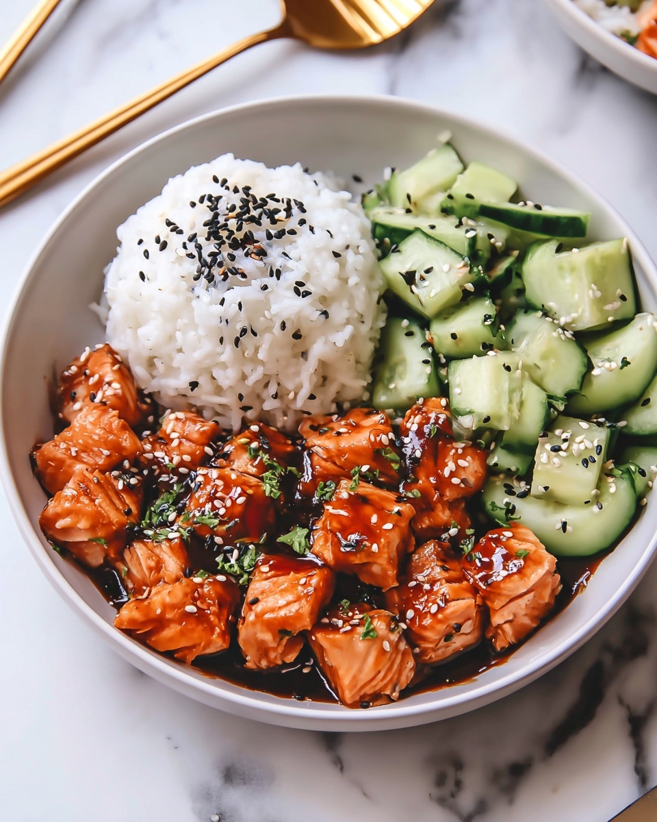 Teriyaki Salmon Bites with Avocado Cucumber Salad and Spicy Sriracha Mayo Recipe - Recipe Image