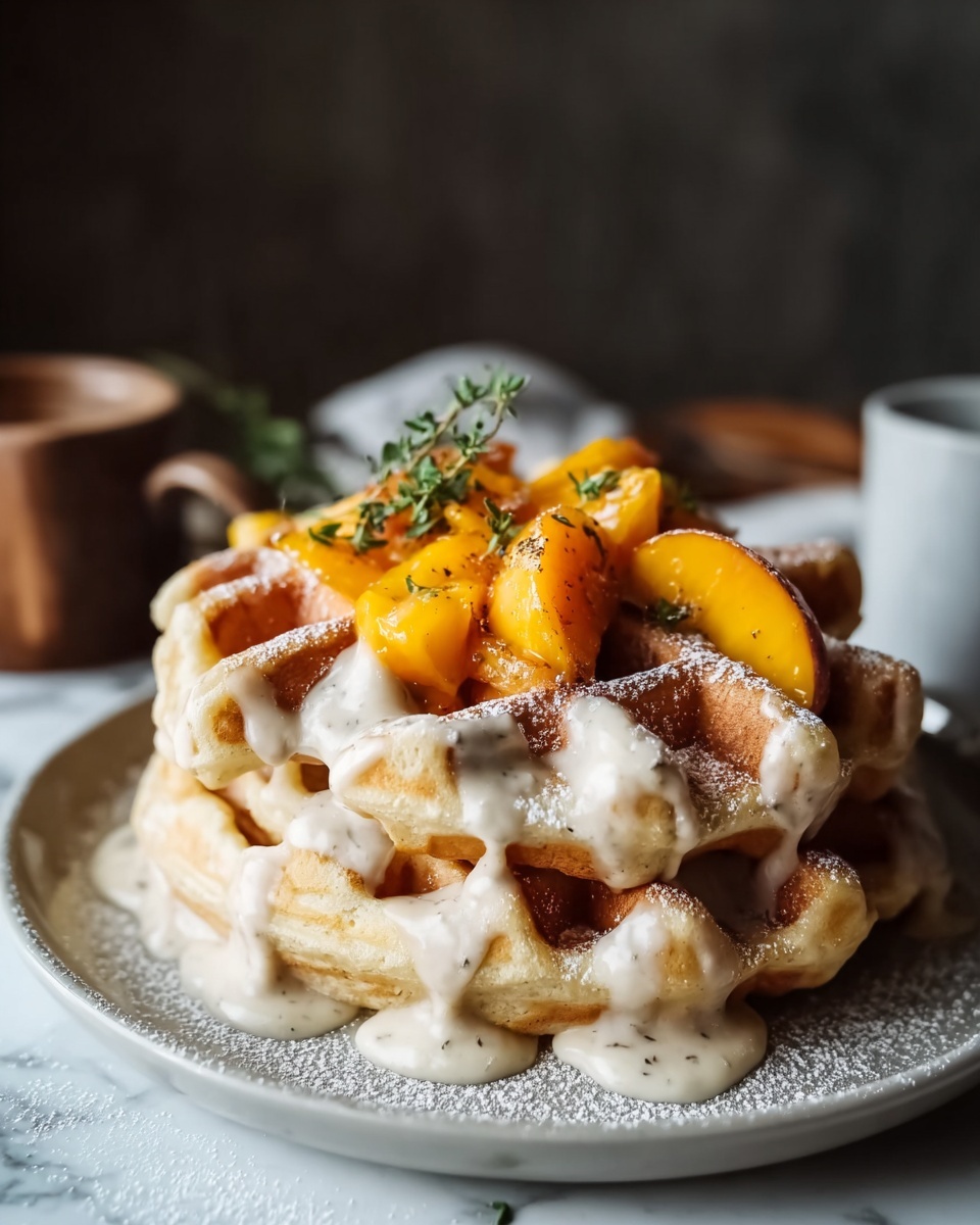Churro Waffles with Peaches & Cream Sauce Recipe - Recipe Image