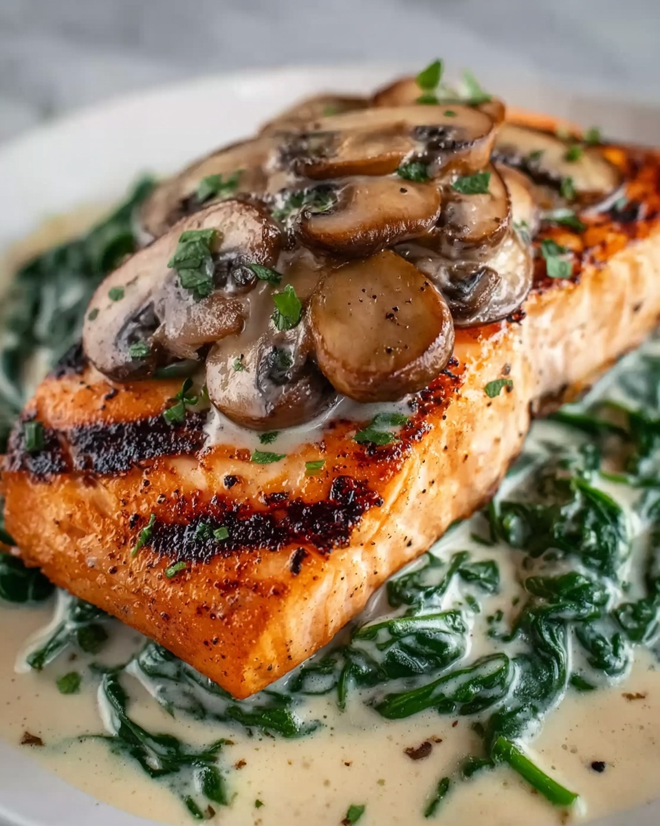 Garlic Butter Salmon with Spinach & Mushrooms in Creamy Sauce Recipe - Recipe Image