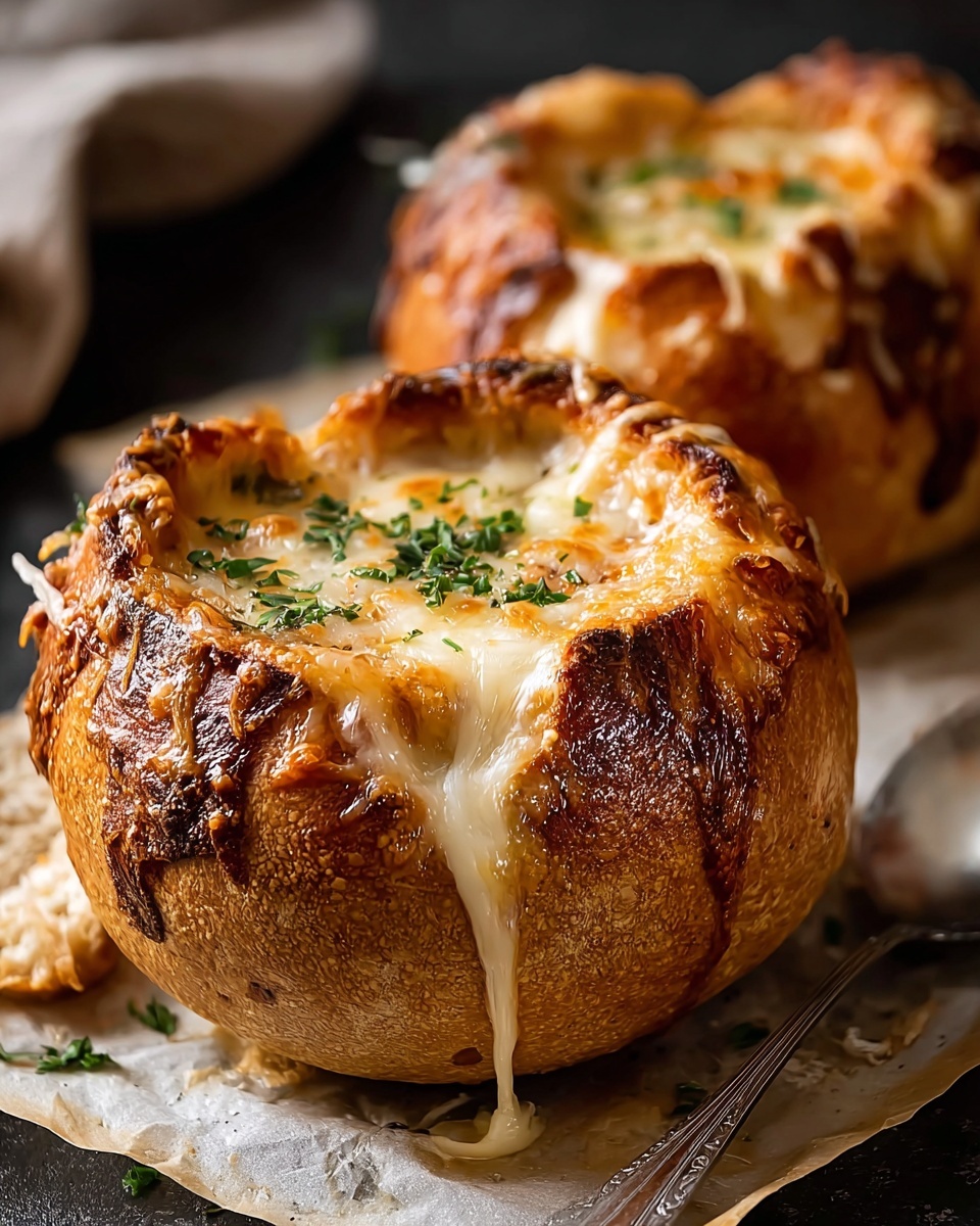 Creamy French Onion Soup Baked in Bread Bowls Recipe - Recipe Image