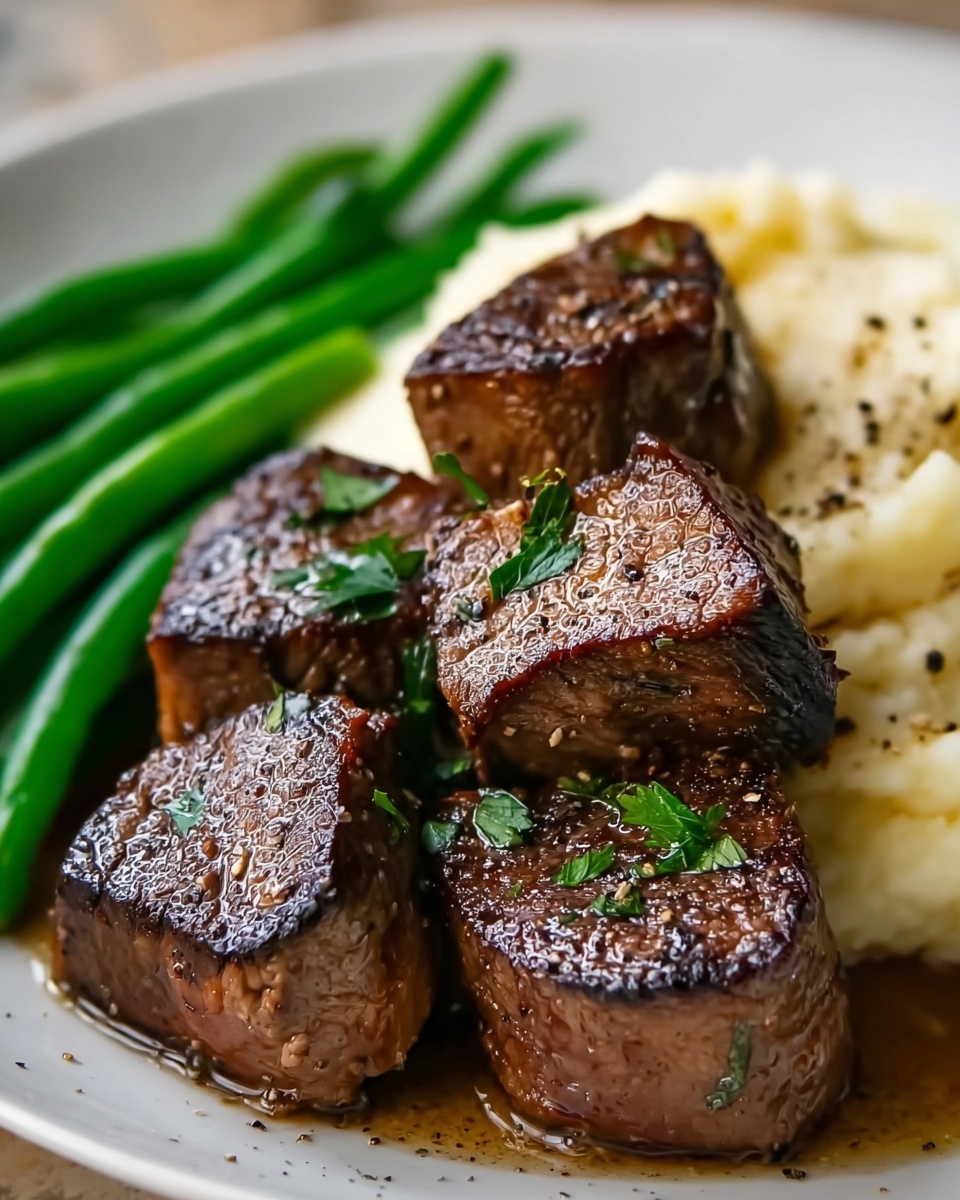 Garlic Butter Steak Bites with Mashed Potatoes and Green Beans Recipe - Recipe Image