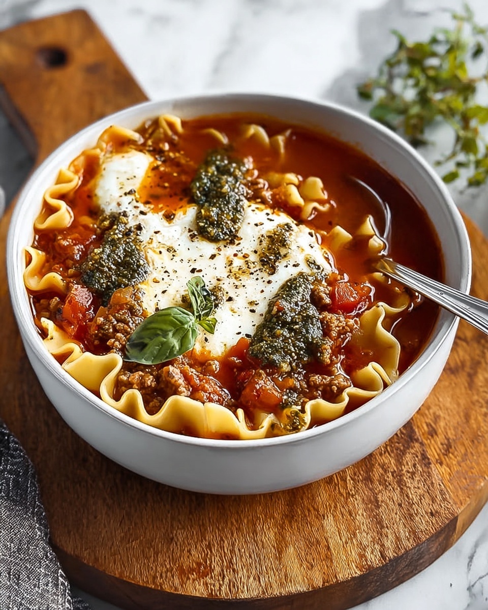 Sun-Dried Tomato Lasagna Soup with Whipped Pesto Cottage Cheese Recipe - Recipe Image