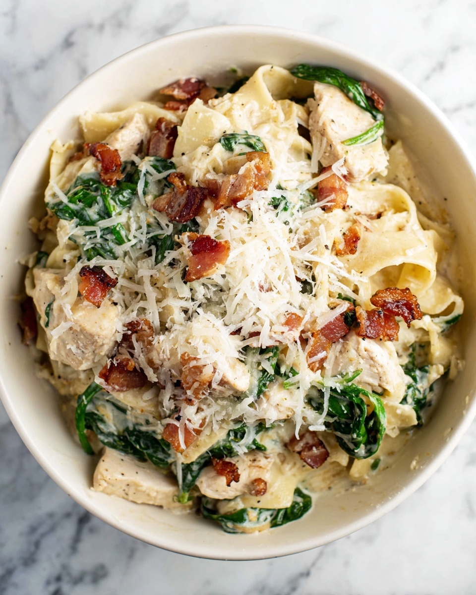 Creamy Chicken Bacon Spinach Pasta Recipe - Recipe Image