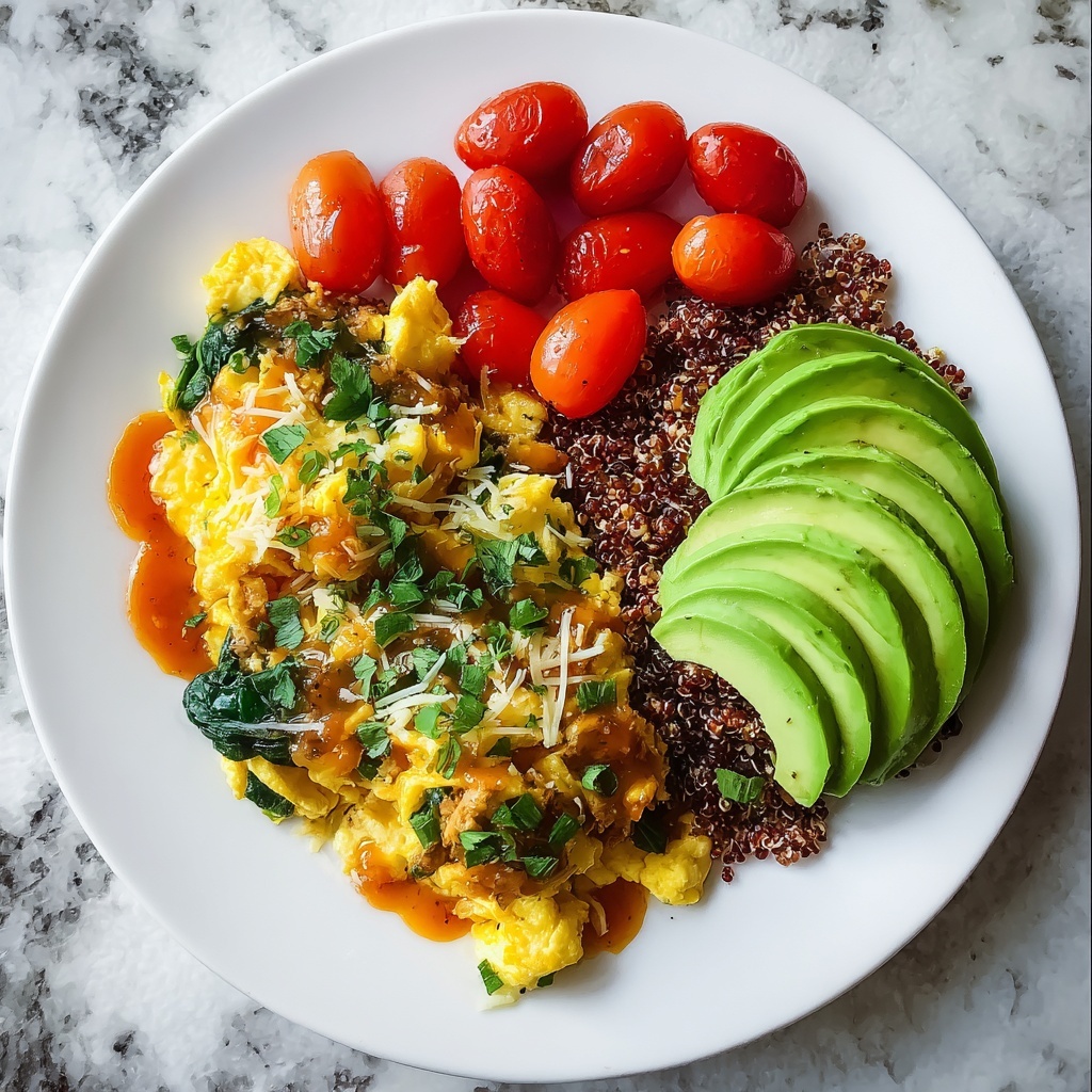 High Protein Veggie Breakfast Egg Scramble with Quinoa and Avocado Recipe - Recipe Image