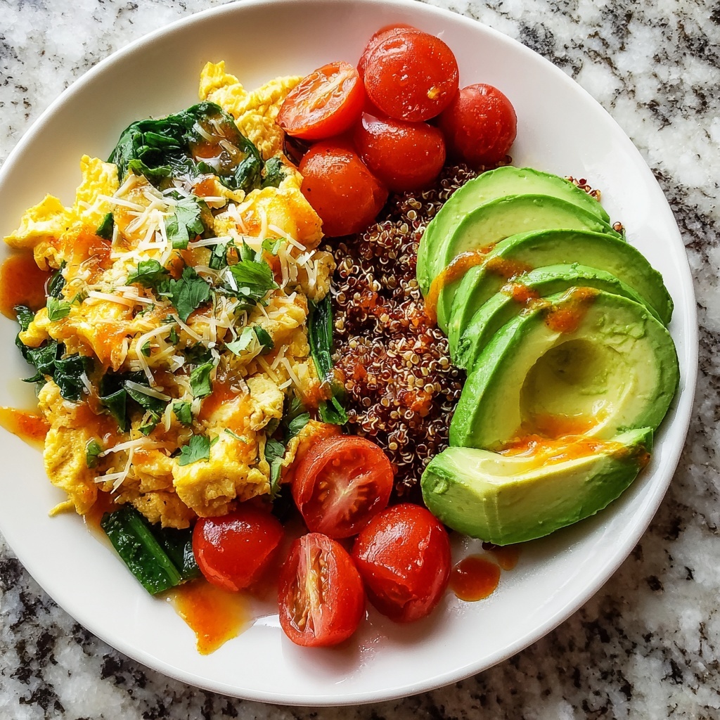 High Protein Veggie Breakfast Egg Scramble with Quinoa and Avocado Recipe - Recipe Image