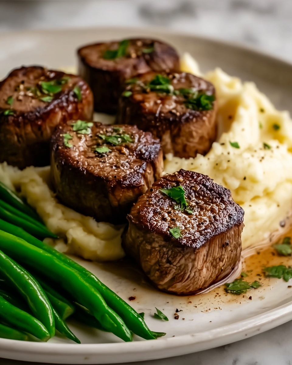 Garlic Butter Steak Bites with Mashed Potatoes and Green Beans Recipe - Recipe Image