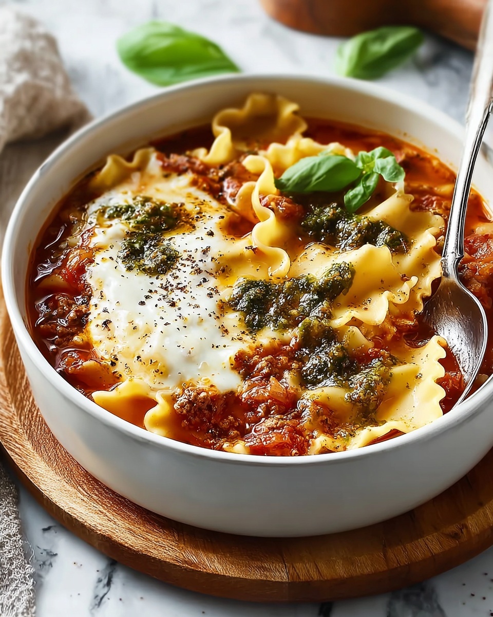 Sun-Dried Tomato Lasagna Soup with Whipped Pesto Cottage Cheese Recipe - Recipe Image