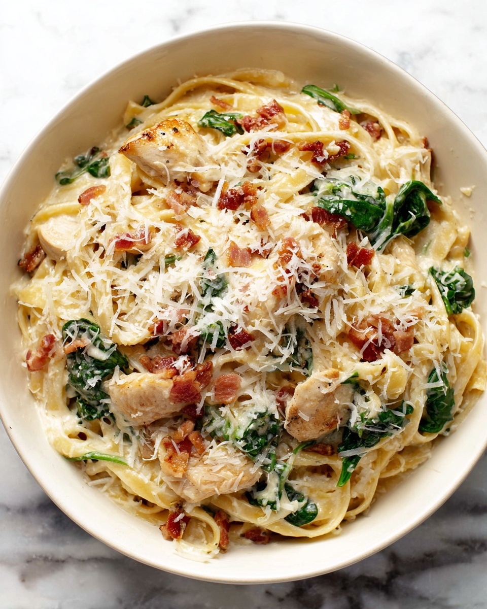 Creamy Chicken Bacon Spinach Pasta Recipe - Recipe Image