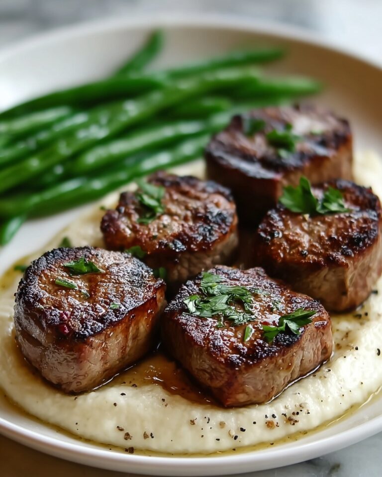 Garlic Butter Steak Bites with Mashed Potatoes and Green Beans Recipe