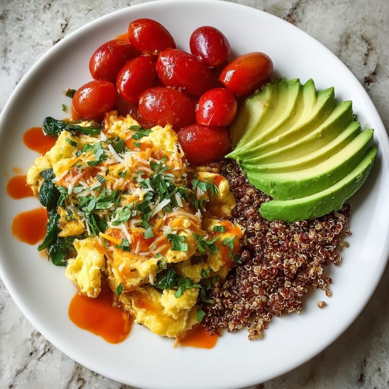 High Protein Veggie Breakfast Egg Scramble with Quinoa and Avocado Recipe
