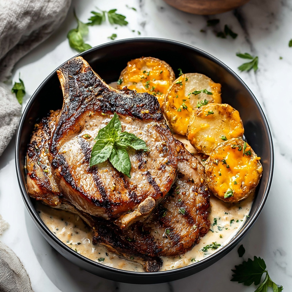 Garlic Butter Pork Chops with Cheesy Potato Bake Recipe - Recipe Image