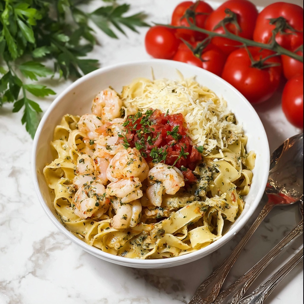 Pesto Pasta with Shrimp and Tomatoes Recipe - Recipe Image