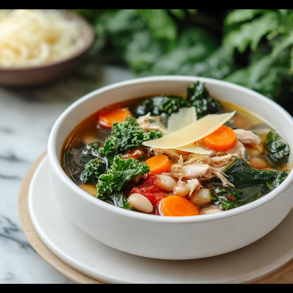 Chicken Kale White Bean Soup with Parmesan Shavings Recipe - Recipe Image
