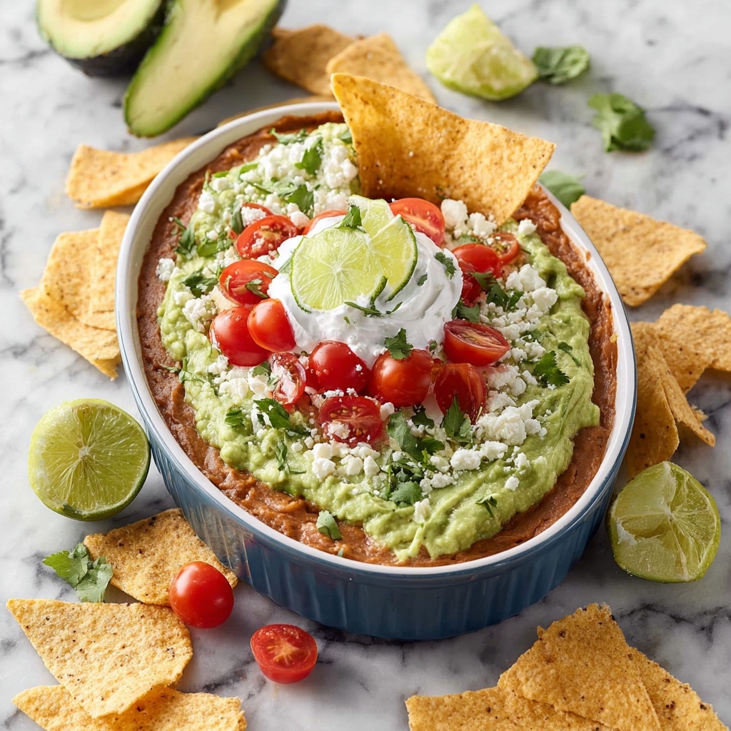 Layered Bean Dip with Guacamole and Fresh Toppings Recipe - Recipe Image