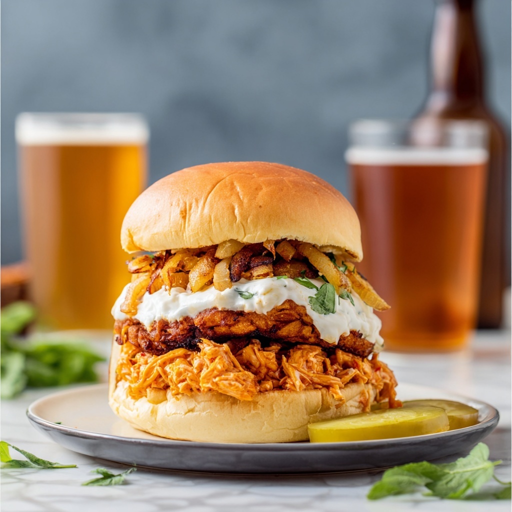 Crockpot Buffalo Chicken Sandwiches with Ranch and Fried Pickles Recipe - Recipe Image