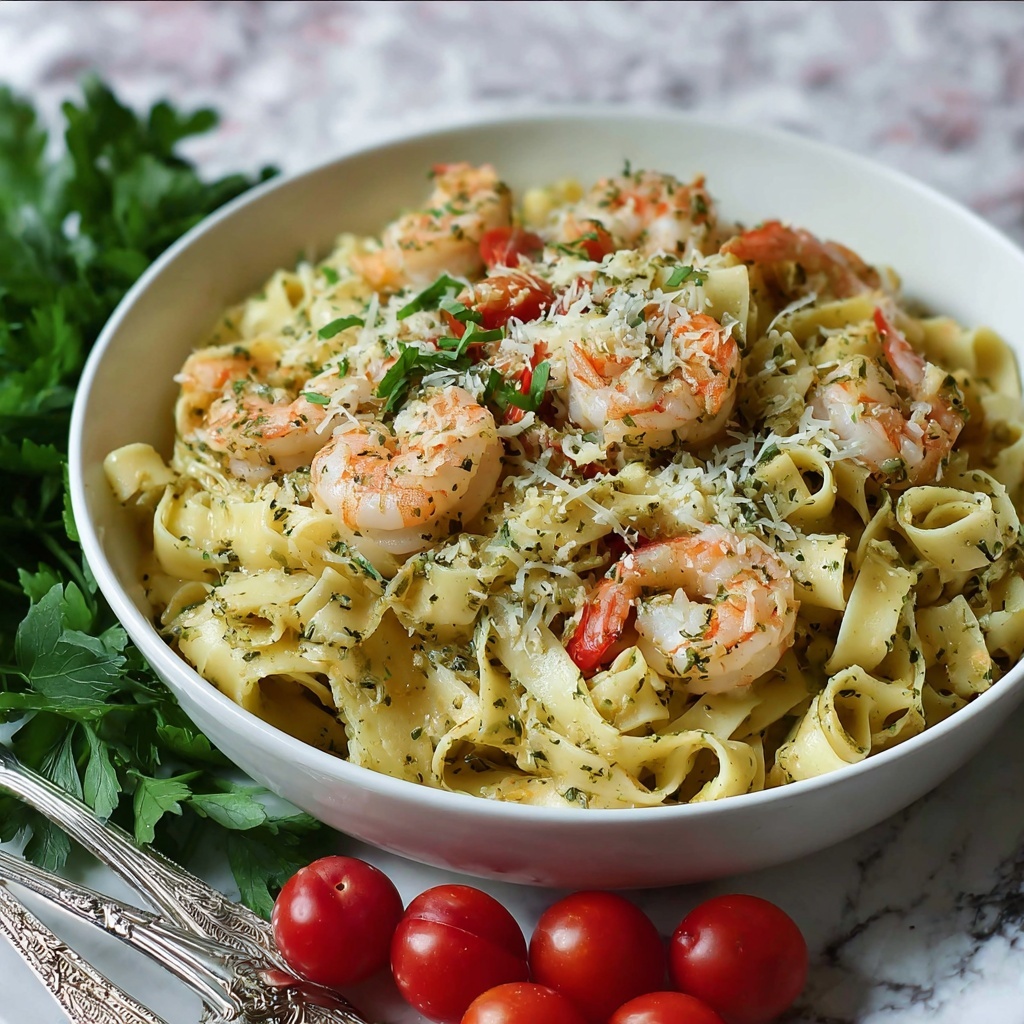 Pesto Pasta with Shrimp and Tomatoes Recipe - Recipe Image