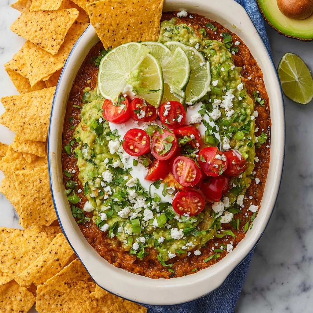 Layered Bean Dip with Guacamole and Fresh Toppings Recipe - Recipe Image