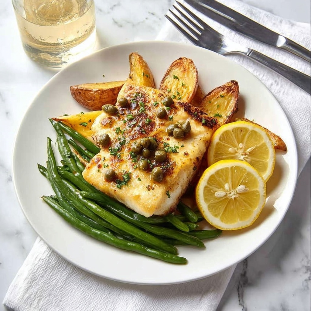Fish Piccata with Crispy Smashed Potatoes and Green Beans Recipe - Recipe Image