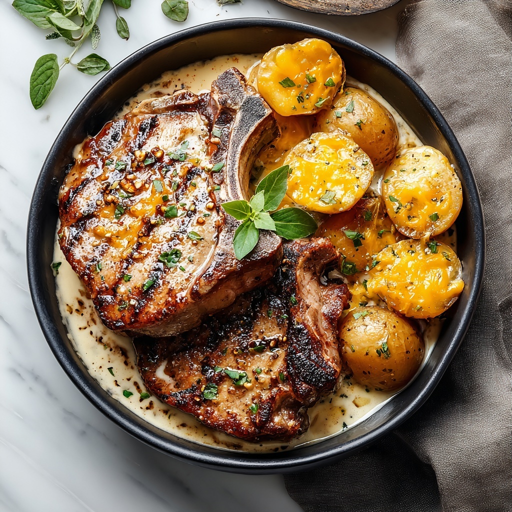 Garlic Butter Pork Chops with Cheesy Potato Bake Recipe - Recipe Image