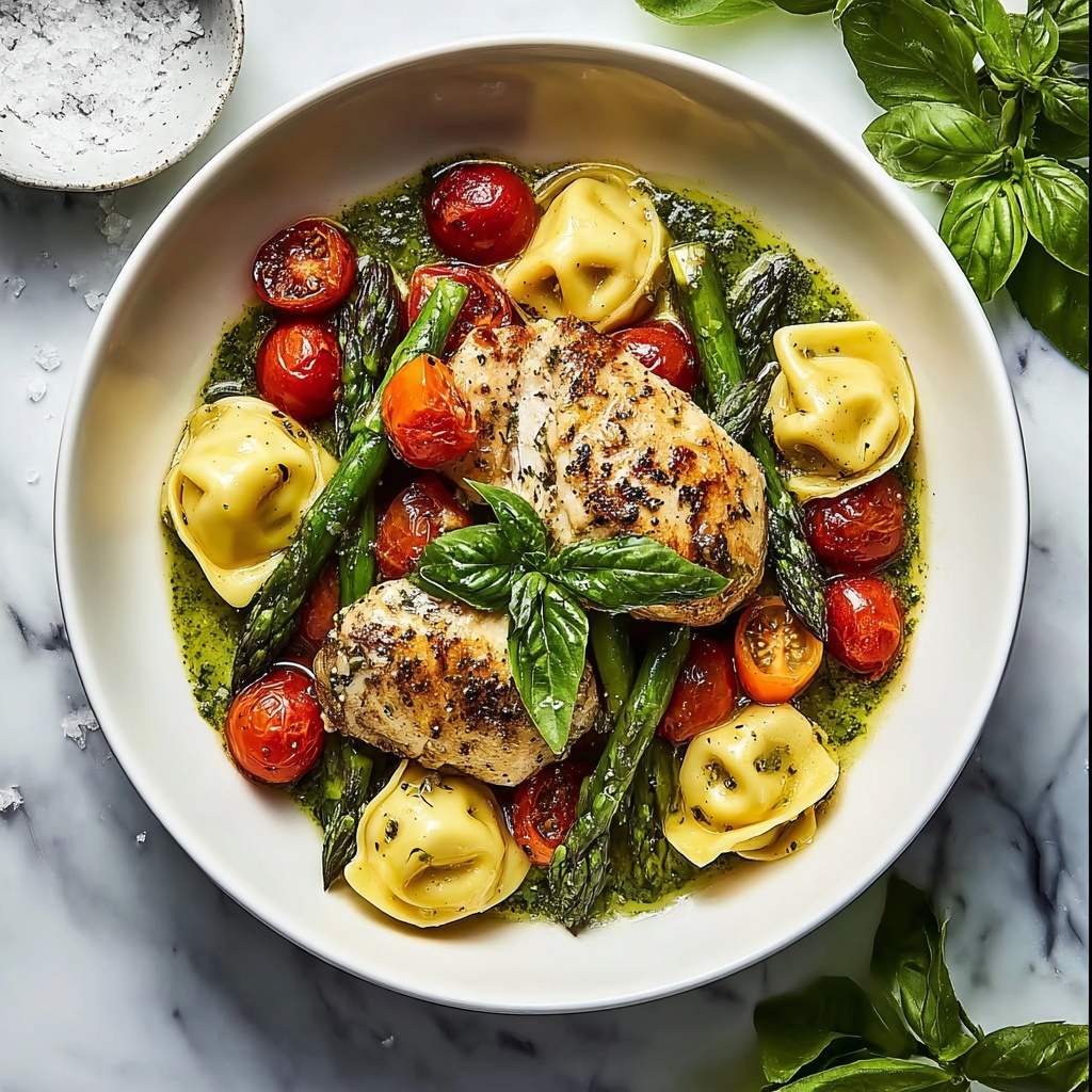 Basil Pesto Chicken with Tortellini, Asparagus, and Cherry Tomatoes Recipe - Recipe Image