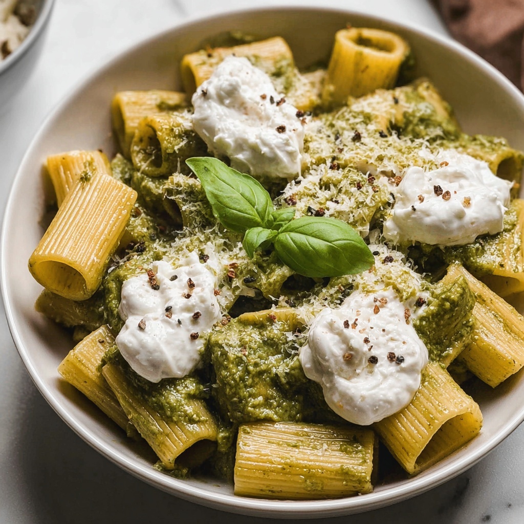 Indulgent Lemon Pesto Rigatoni with Burrata & Roasted Pine Nuts Recipe - Recipe Image
