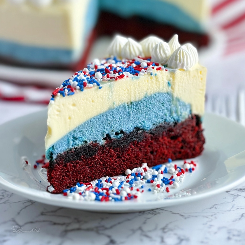Patriotic Cheesecake Recipe with Red Velvet Cake Layers Recipe - Recipe Image