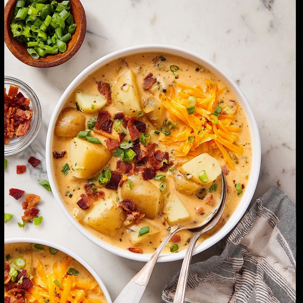 Creamy Potato Soup with Bacon, Cheddar, and Fresh Toppings Recipe - Recipe Image