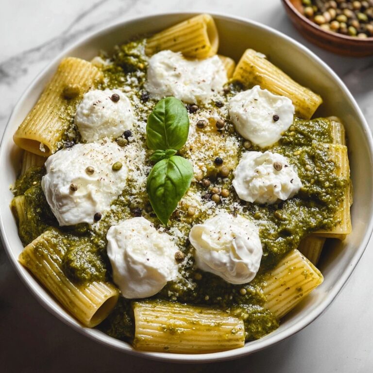 Indulgent Lemon Pesto Rigatoni with Burrata & Roasted Pine Nuts Recipe