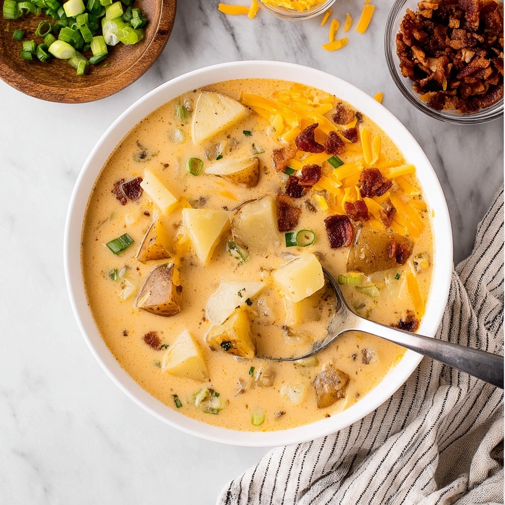 Creamy Potato Soup with Bacon, Cheddar, and Fresh Toppings Recipe - Recipe Image