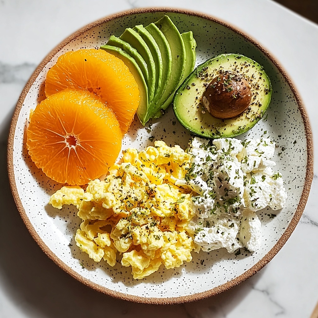 Avocado, Scrambled Eggs & Cottage Cheese Plate with Fresh Orange Recipe - Recipe Image
