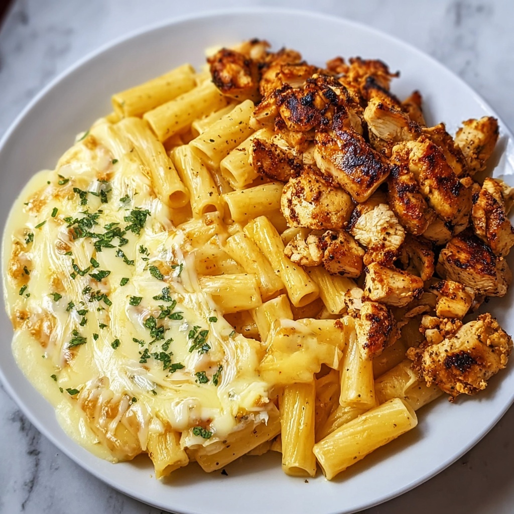 Cheddar Garlic Chicken Rigatoni in Parmesan Sauce Recipe - Recipe Image