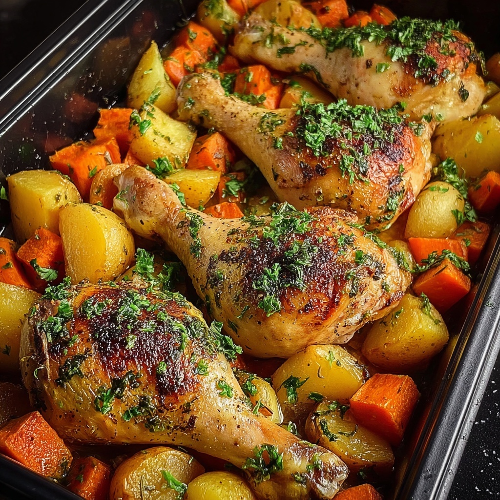Herb Roasted Chicken Drumsticks with Veggies Recipe - Recipe Image