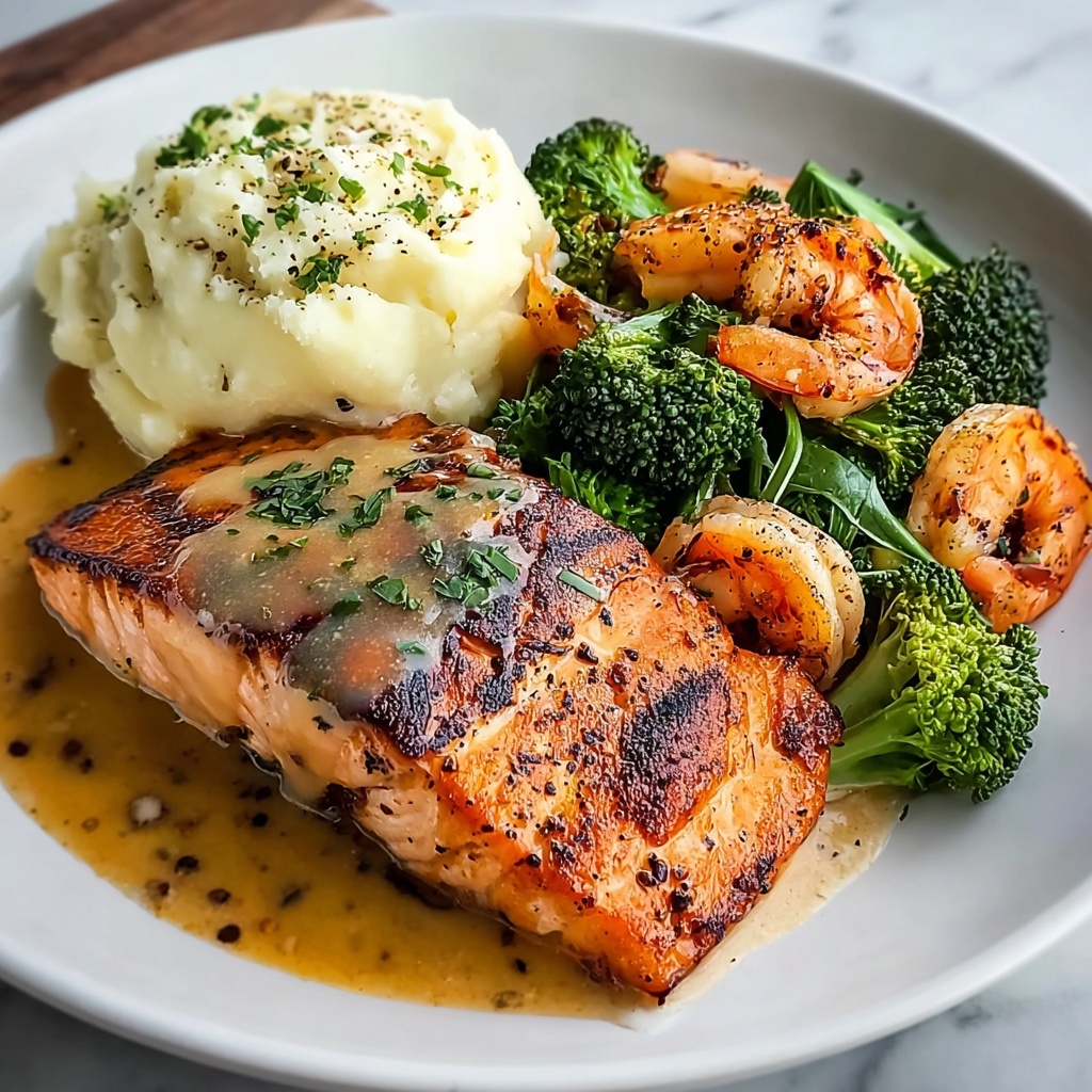 Cajun Salmon with Garlic Mashed Potatoes & Shrimp-Broccoli Sauté Recipe - Recipe Image