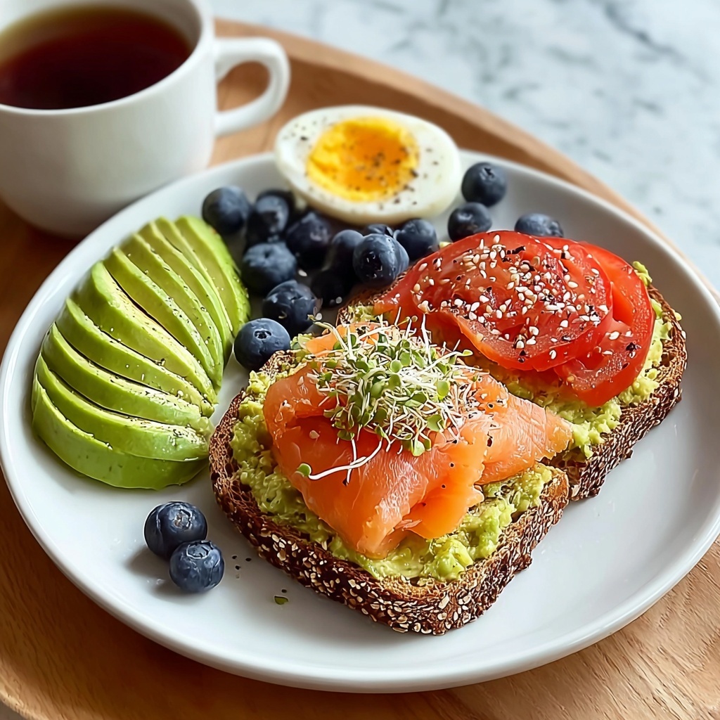 Smoked Salmon & Egg Avocado Toast Plate with Fresh Fruit & Tea Recipe - Recipe Image