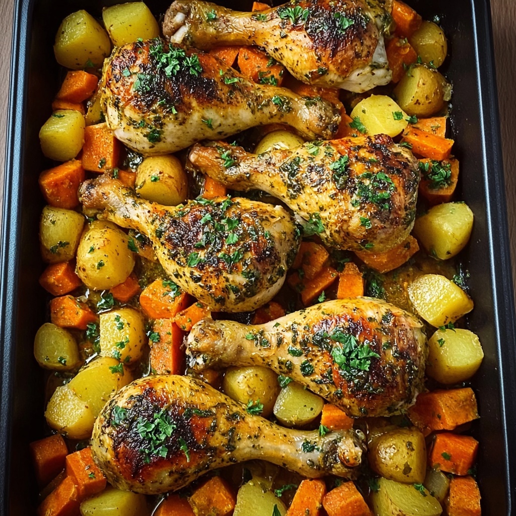 Herb Roasted Chicken Drumsticks with Veggies Recipe - Recipe Image