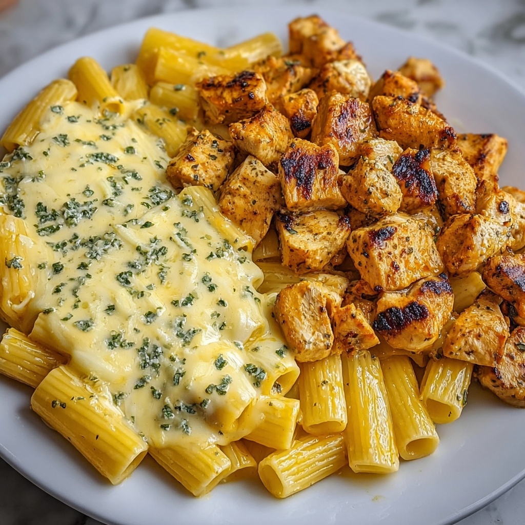 Cheddar Garlic Chicken Rigatoni in Parmesan Sauce Recipe - Recipe Image