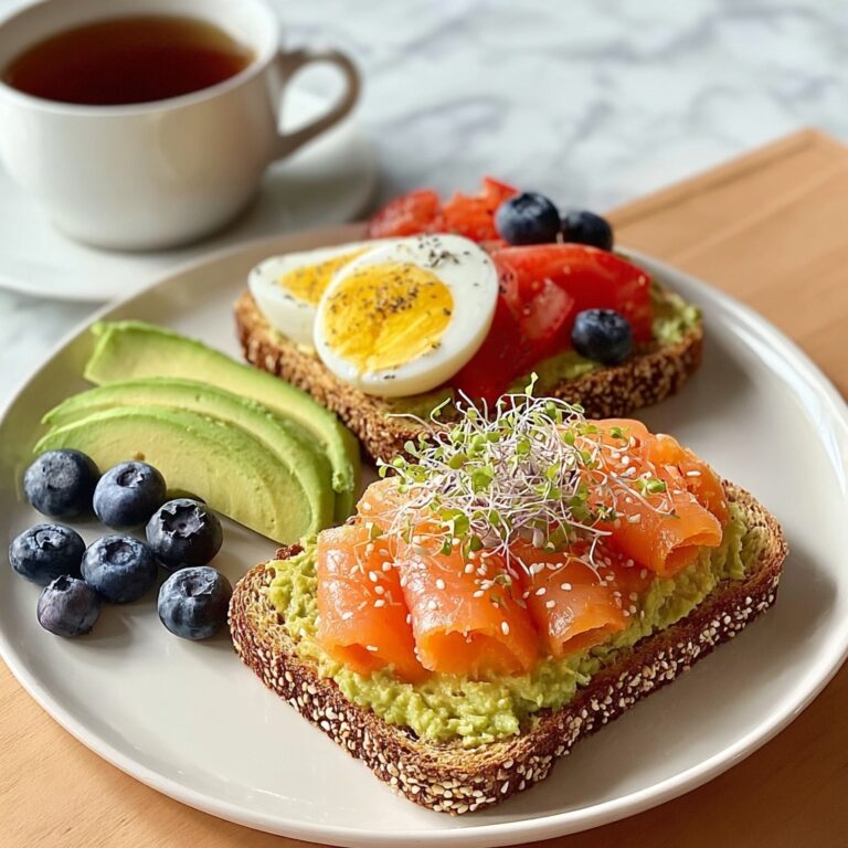 Smoked Salmon & Egg Avocado Toast Plate with Fresh Fruit & Tea Recipe