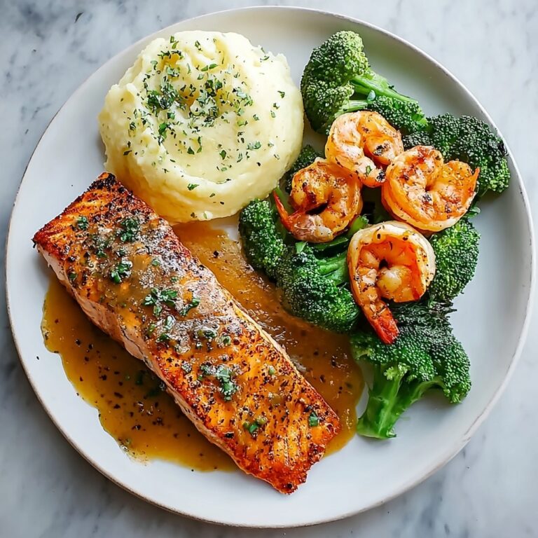 Cajun Salmon with Garlic Mashed Potatoes & Shrimp-Broccoli Sauté Recipe
